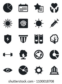 Set of vector isolated black icon - sun vector, book, pennant, circle chart, tree, syringe, barbell, heart hand, eye, network, favorites list, protect, fingerprint id, pie graph, calendar