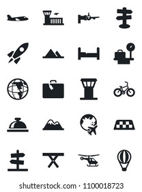 Set of vector isolated black icon - airport tower vector, taxi, suitcase, reception bell, boarding, plane, helicopter, luggage scales, globe, building, picnic table, bike, signpost, mountains, earth