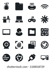 Set of vector isolated black icon - notebook pc vector, virus, support, folder document, gamepad, tv, network, hdmi, wireless, manager desk, printer, chip, fingerprint, web camera