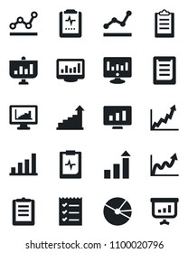 Set of vector isolated black icon - growth statistic vector, monitor, pulse clipboard, statistics, bar graph, pie, checklist, point, presentation