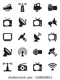 Set of vector isolated black icon - antenna vector, satellite, radio, loudspeaker, tv, video camera, wireless