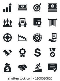 Set of vector isolated black icon - handshake vector, growth statistic, dollar sign, pedestal, medal, money bag, document, cash, sertificate, target, career ladder, pennon, crisis, certificate