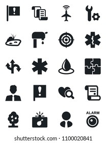 Set of vector isolated black icon - plane radar vector, bomb in case, contract, water drop, heart diagnostic, ambulance star, route, important flag, application, root setup, target, pond, supply