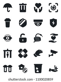 Set of vector isolated black icon - security gate vector, trash bin, glove, hose, patch, heart hand, umbrella, shield, protect, eye id, lock, estate insurance, water filter, surveillance