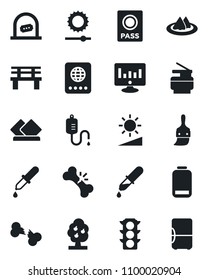 Set of vector isolated black icon - ticket office vector, passport, statistic monitor, bench, dropper, broken bone, traffic light, low battery, themes, brightness, copier, fruit tree, serviette