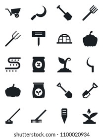 Set of vector isolated black icon - job vector, shovel, farm fork, rake, wheelbarrow, sproute, hoe, sickle, plant label, pumpkin, greenhouse, fertilizer, drip irrigation