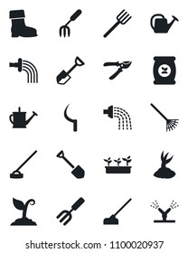 Set of vector isolated black icon - job vector, garden fork, shovel, farm, rake, watering can, sproute, pruner, boot, seedling, hoe, sickle, fertilizer, irrigation