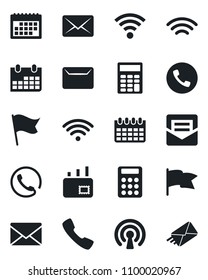 Set of vector isolated black icon - phone vector, mail, calendar, call, wireless, calculator, flag