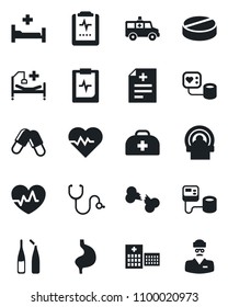 Set of vector isolated black icon - heart pulse vector, doctor case, diagnosis, stethoscope, blood pressure, pills, ampoule, tomography, ambulance car, hospital bed, stomach, broken bone, clipboard