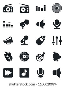 Set of vector isolated black icon - vinyl vector, flame disk, microphone, radio, speaker, loudspeaker, equalizer, fast forward, rca, tuning, bell, music, sound