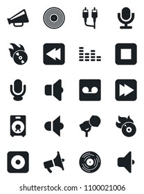 Set of vector isolated black icon - vinyl vector, flame disk, microphone, speaker, loudspeaker, equalizer, stop button, fast forward, rewind, rec, rca, record, sound