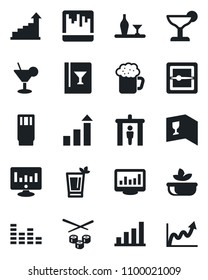 Set of vector isolated black icon - security gate vector, growth statistic, monitor, equalizer, scanner, statistics, bar graph, alcohol, wine card, drink, cocktail, phyto, beer, salad, sushi