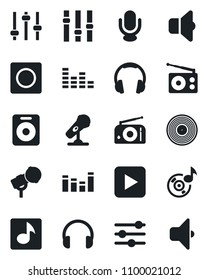 Set of vector isolated black icon - vinyl vector, microphone, radio, settings, equalizer, headphones, speaker, play button, tuning, record, music, sound