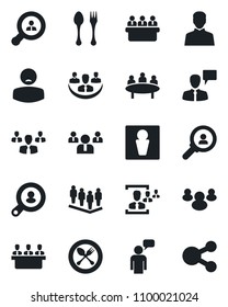 Set of vector isolated black icon - spoon and fork vector, male, speaking man, team, meeting, patient, group, user, company, hr, client search, consumer, social media