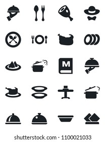 Set of vector isolated black icon - spoon and fork vector, dish, restaurant table, serviette, cafe, menu, plates, waiter, dress code, chicken, ham, bowl, steaming pan
