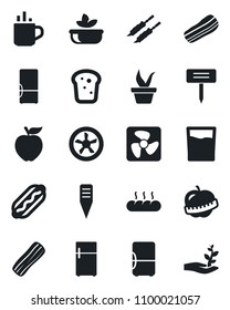 Set of vector isolated black icon - hot cup vector, seedling, plant label, diet, fridge, drink, salad, bacon, bread, kebab, dog, apple fruit, fan, palm sproute