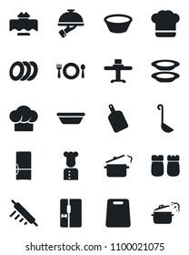 Set of vector isolated black icon - fridge vector, cook, restaurant table, cafe, hat, plates, waiter, salt and pepper, ladle, bowl, rolling pin, cutting board, steaming pan