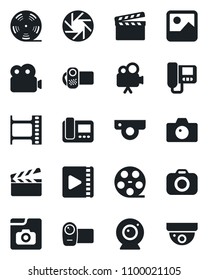 Set of vector isolated black icon - camera vector, clapboard, film frame, reel, video, mobile, gallery, photo, web, intercome, surveillance