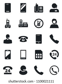 Set of vector isolated black icon - no mobile vector, office phone, 24 hours, support, cell, radio, back, call, sim