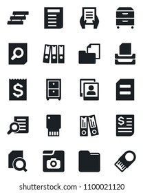 Set of vector isolated black icon - office binder vector, document search, receipt, folder, photo gallery, paper, tray, archive box, usb flash