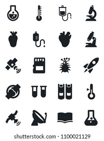 Set of vector isolated black icon - satellite antenna vector, book, blood test vial, dropper, microscope, real heart, joint, virus, sd, thermometer, rocket, flask