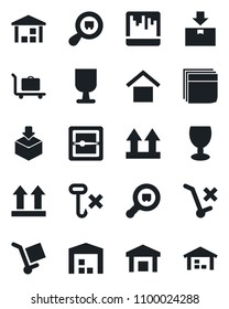 Set of vector isolated black icon - baggage trolley vector, fragile, cargo, warehouse storage, up side sign, no, hook, package, search, scanner, blank box