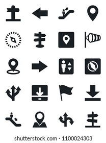 Set of vector isolated black icon - elevator vector, escalator, right arrow, left, wind, route, signpost, pin, download, place tag, compass, flag, guidepost