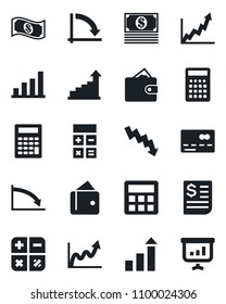 Set of vector isolated black icon - credit card vector, growth statistic, calculator, crisis graph, receipt, bar, wallet, cash, presentation