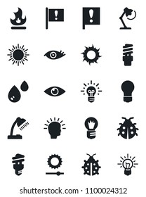 Set of vector isolated black icon - sun vector, bulb, lady bug, fire, eye, important flag, brightness, desk lamp, water, energy saving, shining head, idea