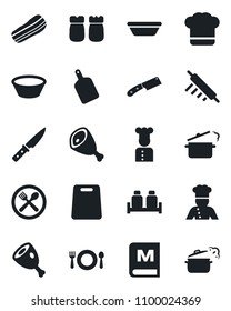 Set of vector isolated black icon - cook vector, cafe, hat, menu, bacon, salt and pepper, ham, bowl, rolling pin, cutting board, knife, steaming pan