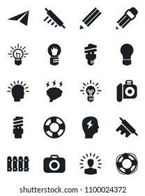 Set of vector isolated black icon - brainstorm vector, bulb, camera, pencil, fence, rolling pin, energy saving, shining head, idea, paper plane, crisis management