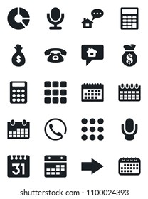 Set of vector isolated black icon - right arrow vector, calendar, circle chart, microphone, menu, calculator, phone, home message, money bag