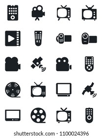 Set of vector isolated black icon - tv vector, reel, satellite, video camera, remote control