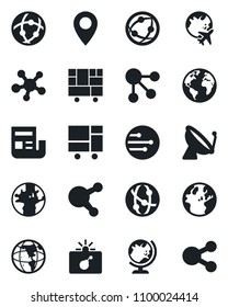 Set of vector isolated black icon - satellite antenna vector, bomb in case, globe, plane, earth, pin, consolidated cargo, network, share, news, social media