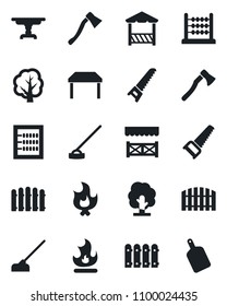 Set of vector isolated black icon - fence vector, tree, saw, fire, hoe, axe, abacus, table, alcove, cutting board