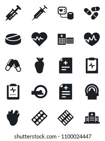 Set of vector isolated black icon - heart pulse vector, diagnosis, syringe, blood pressure, pills, blister, tomography, real, clipboard, hospital