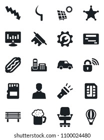 Set of vector isolated black icon - crisis graph vector, statistic monitor, sickle, bench, user, sd, sim, torch, root setup, office phone, sun panel, beer, hot dog, rolling pin, wireless lock, chair