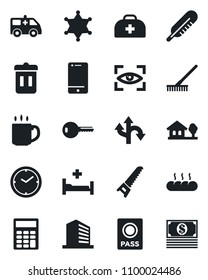 Set of vector isolated black icon - passport vector, office building, rake, saw, doctor case, thermometer, ambulance car, hospital bed, route, cell phone, coffee, clock, calculator, house with tree