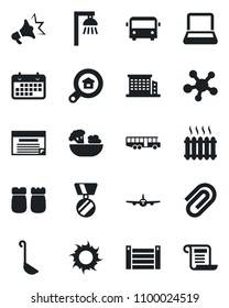 Set of vector isolated black icon - airport bus vector, plane, medal, sun, term, container, share, paper clip, notebook pc, office building, estate search, heater, salad, salt and pepper, ladle