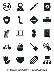 Set of vector isolated black icon - 24 around vector, smoking place, job, fertilizer, bike, pin, tulip, film frame, touch screen, heart, archive box, copier, pen, restaurant table, phyto bar, ladle