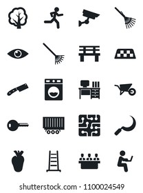 Set of vector isolated black icon - taxi vector, desk, rake, ladder, tree, wheelbarrow, sickle, bench, run, real heart, eye, truck trailer, meeting, key, knife, chip, washer, surveillance