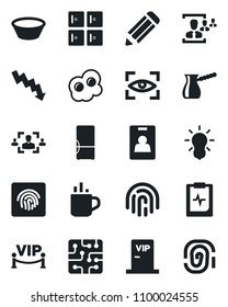Set of vector isolated black icon - hot cup vector, checkroom, crisis graph, pencil, pulse clipboard, fingerprint id, identity card, hr, fridge, vip zone, bowl, turkish coffee, omelette, chip, bulb