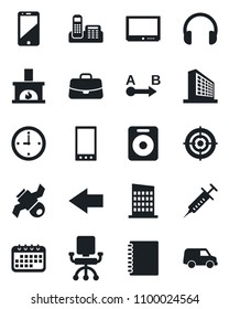 Set of vector isolated black icon - left arrow vector, office building, case, syringe, satellite, route, tv, cell phone, headphones, speaker, mobile, copybook, clock, target, fireplace, city house