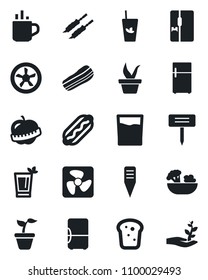 Set of vector isolated black icon - hot cup vector, seedling, plant label, diet, fridge, drink, phyto bar, salad, bacon, bread, kebab, dog, fan, palm sproute