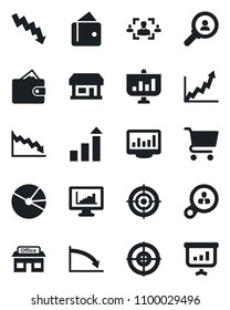 Set of vector isolated black icon - growth statistic vector, crisis graph, store, monitor statistics, pie, hr, target, consumer search, wallet, cart, presentation