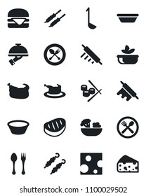 Set of vector isolated black icon - spoon and fork vector, cafe, salad, waiter, chicken, steak, kebab, hamburger, ladle, bowl, rolling pin, sushi, cheese