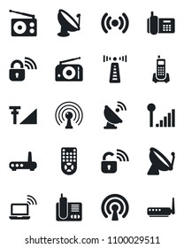 Set of vector isolated black icon - antenna vector, satellite, wireless notebook, office phone, radio, remote control, cellular signal, lock, router