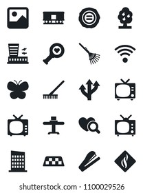 Set of vector isolated black icon - taxi vector, tv, airport building, stamp, rake, butterfly, heart diagnostic, route, railroad, gallery, stapler, fruit tree, wireless, city house, restaurant table