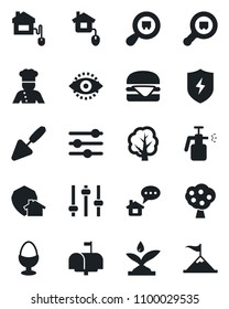 Set of vector isolated black icon - trowel vector, tree, garden sprayer, search cargo, protect, tuning, eye id, fruit, mailbox, cook, egg stand, hamburger, home control, irrigation, message