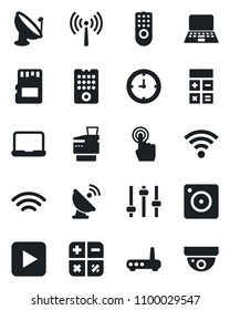 Set of vector isolated black icon - antenna vector, calculator, notebook pc, clock, satellite, touch screen, play button, mobile camera, tuning, sd, wireless, copier, remote control, router